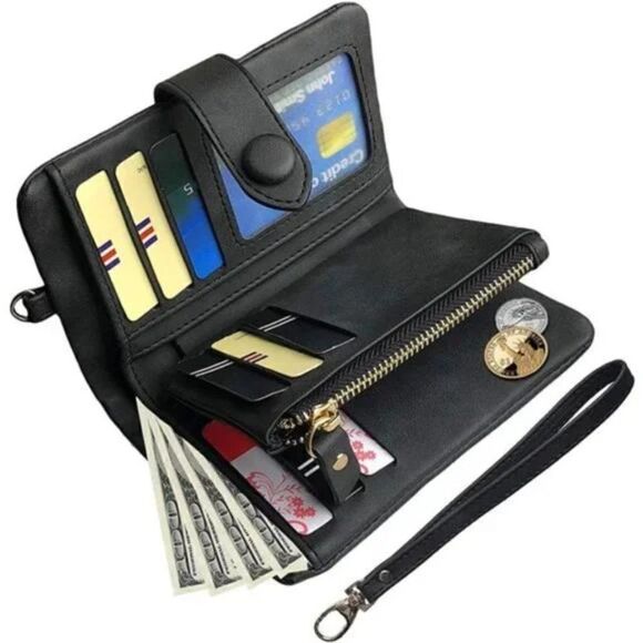 NEW Womens Small Bifold Leather Wallets Rfid Ladies Wristlet Black - Picture 2 of 7